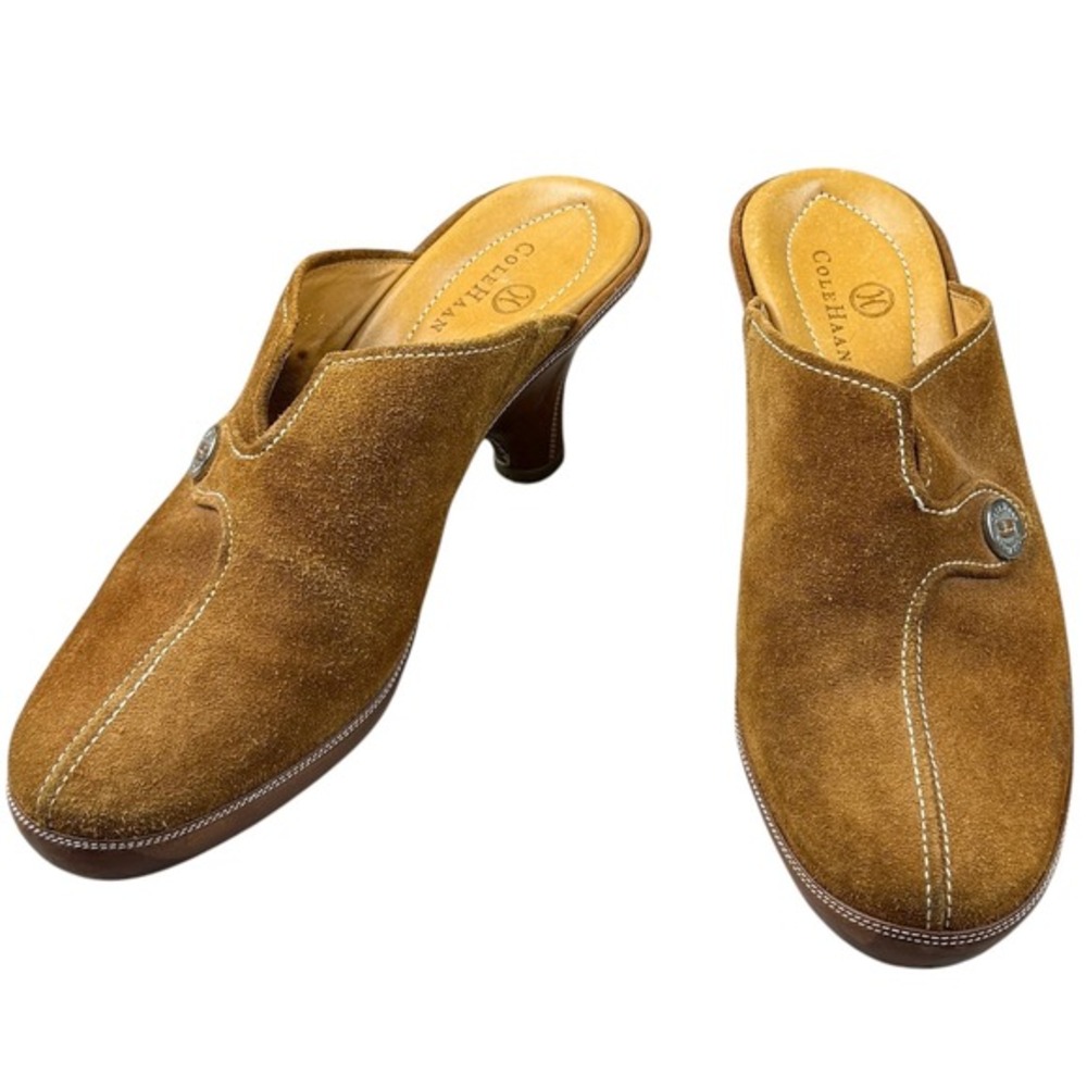 Cole Haan Womens 6.5B Brown Suede Button Detail Mule Heel Clogs D15244 Work Chic